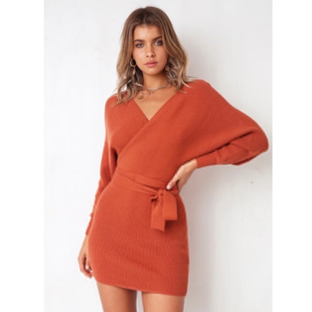 Burnt Orange Long Sleeve Ribbed Dress
